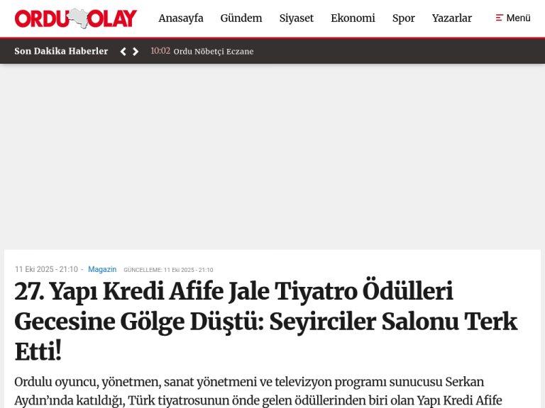 27. Yapı Kredi Afife Jale Tiyatro Ödülleri Gecesine Gölge Düştü: Seyirciler Salonu Terk Etti! – Ordu Olay Gazetesi | Ordu Haber