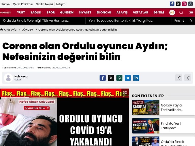 Corona olan Ordulu oyuncu Aydın; Nefesinizin değerini bilin – Ordu Gazete