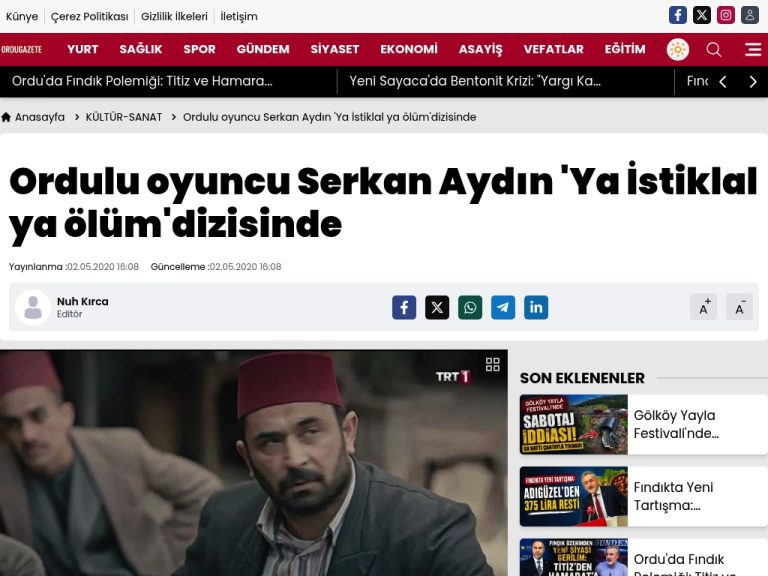 Ordulu oyuncu Serkan Aydın ‘Ya İstiklal ya ölüm’dizisinde – Ordu Gazete